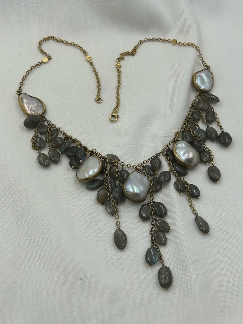 Ross Simons Gold Tone Baroque Station Mobe Pearl and Labradorite Necklace